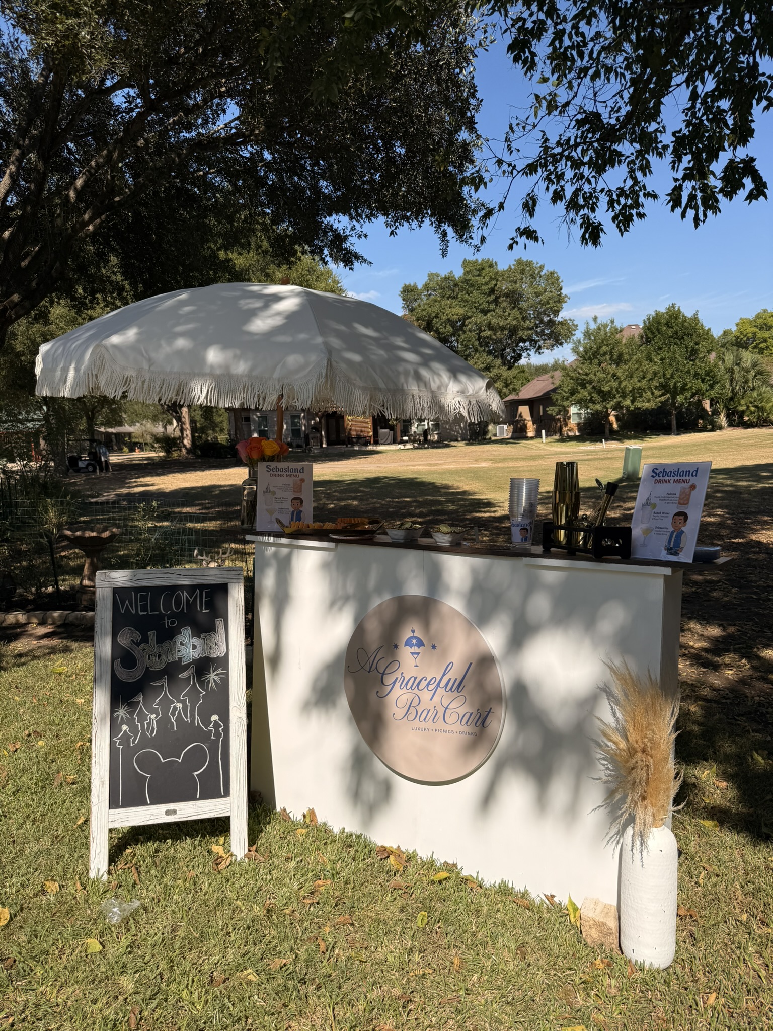 Graceful Bar Cart outdoor setup with white umbrella