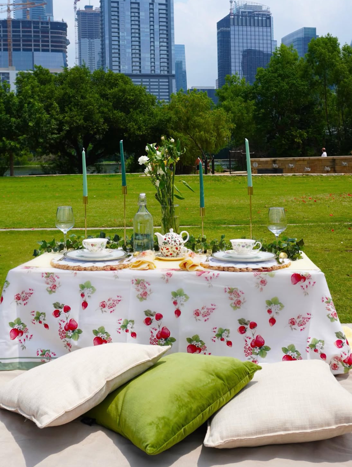 The Coquette Dream picnic theme with a city backdrop