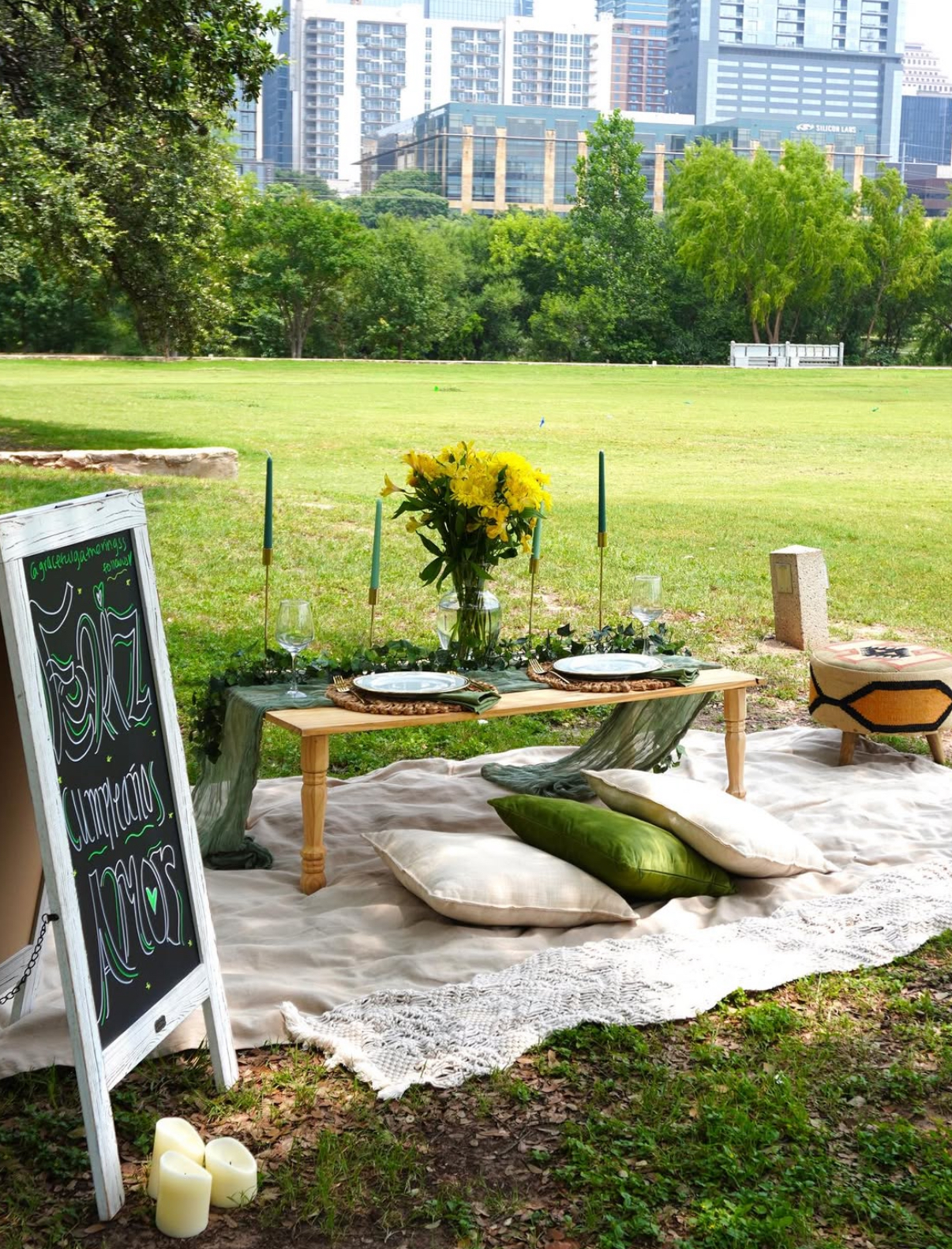 The Emerald Escape picnic theme with Austin skyline