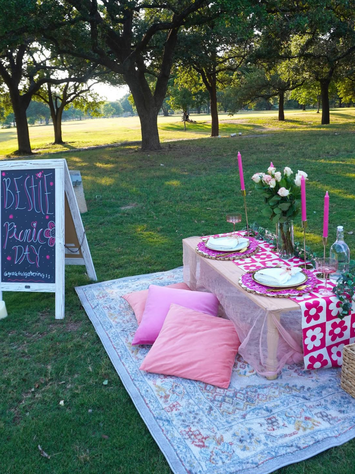 The vibrant Pretty in Pink theme set up for a bestie picnic day